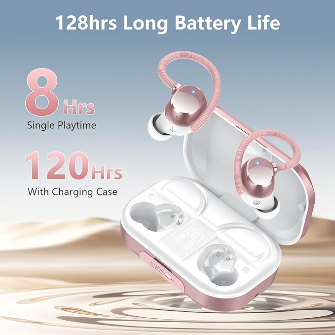 Wireless Earbuds for iOS Android, Bluetooth 5.4 Sport Headphones, 128H Playtime Over Ear Buds for Small Ear, Stereo Deep Bass, Sport Wireless Bluetooth Earphones, IPX7 Waterproof Running Headphones