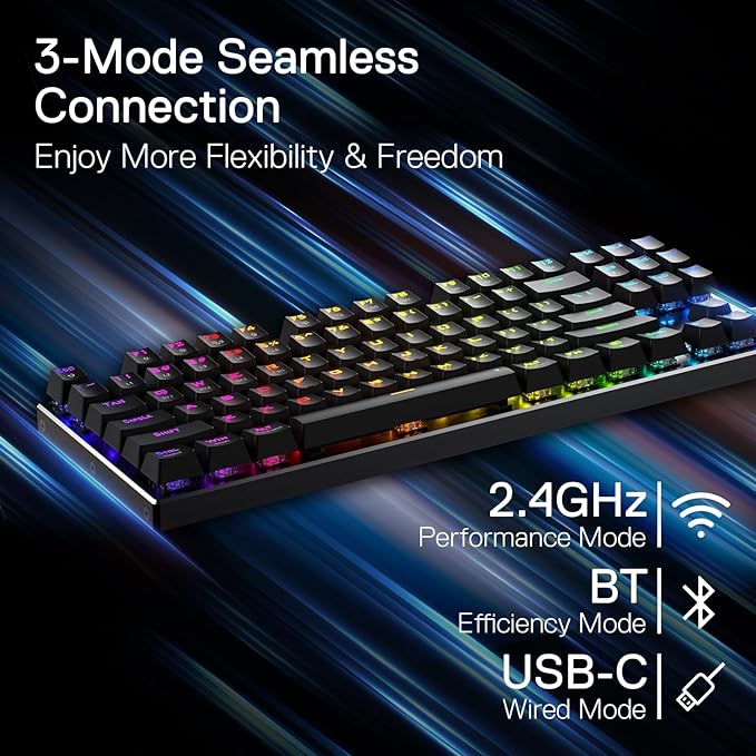 Redragon K660RGB-PRO (K556 TKL) Wireless Gaming Keyboard, 80% 87 Keys BT/2.4Ghz Tri-Mode Aluminum Mechanical Keyboard w/Mac Function Keys, Hot-Swap Sockets & Noise Absorbing Form, Red Switch