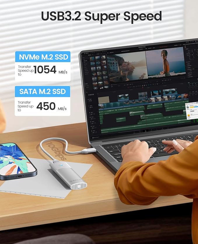 ORICO M.2 NVMe SATA SSD Enclosure Adapter Tool-Free, USB C 3.2 Gen 2 10Gbps NVMe, 5Gbps NGFF SATA PCIe M-Key(B+M Key) 2230/2242/2260/2280, Aluminum External M2 Reader Support UASP Trim-WH(G2A)