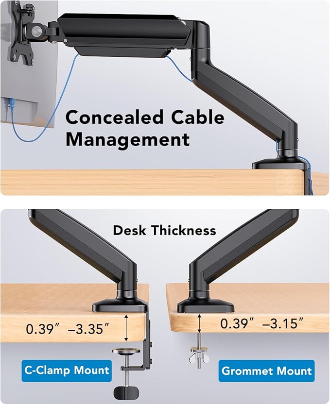 HUANUO Single Monitor Mount, Adjustable Monitor Arm for 13–34 Inch Screen Up to 22lbs, C-Clamp & Grommet Base, Ergonomic Stand for Work and Gaming, VESA 75x75mm or 100x100mm
