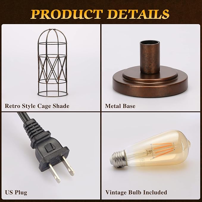 Seaside village Small Touch Lamp, Industiral Bedside Table Lamps with Antique Bronze Cage, 3 Way Dimmable Nightstand Steampunk Edison Lamp for Bedroom Living Room Kitchen, LED Bulb Included