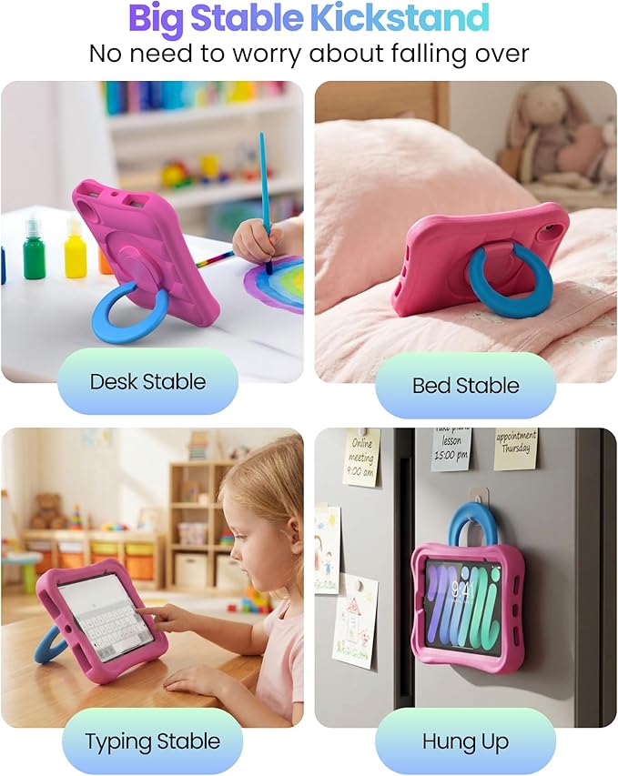 MRWHO Kids Case for iPad mini 6th Gen 8.3 inch - Lightweight Flexible Shockproof iPad mini 6 Gen case with Folding Handle Stand (Pink Blue)