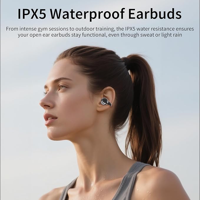 Open Ear Earbuds I5, Bluetooth 6.0 Headphones for Gym & Running, IPX5 Sweatproof, 36H Playtime, Secure Clip-On Fit for Work & Sports (1-Black)