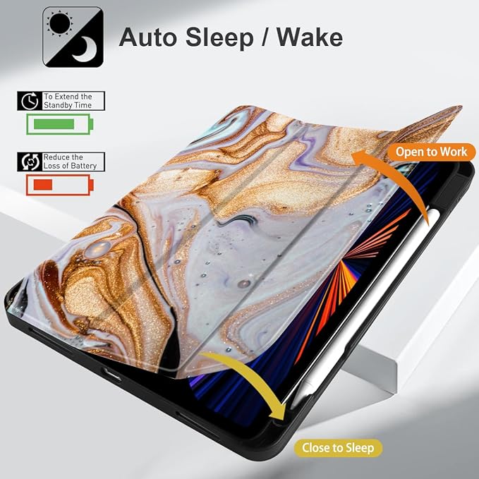 DONGKE Case for 2022/2021/2020/2018 iPad Pro 11 inch Gen 4/3/2/1 - Slim Protective Case - Built in Pencil Holder Support Charging - Trifold Stand & Sleep/Wake Cover- Black Marble