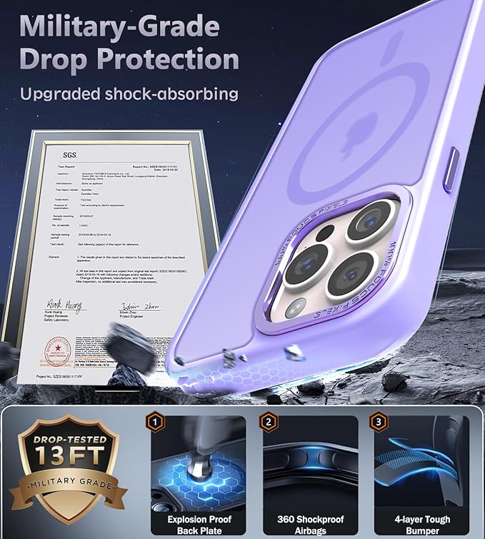 Newfuture Upgraded Magnetic for iPhone 15 Pro Max Case [Compatible with Magsafe] [Mil-Grade Protection], Pocket-Friendly, Slim Translucent Phone Case Cover for iPhone 15 Pro Max 6.7", Lilac Purple