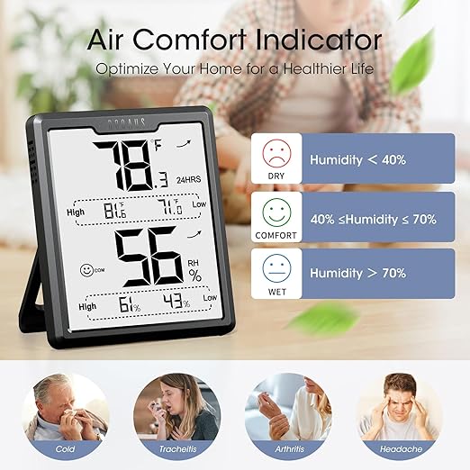 DOQAUS Digital Hygrometer Room Thermometer Indoor, Humidity Meter with Large LCD Display, Temperature Humidity Monitor with Max Min Records, Black