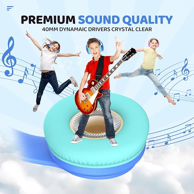 JoySpark Kids Bluetooth Headphones, Lightweight Wireless Headphones for Kids, 85/94dB Volume Limited, 60 Hours Playtime, Bluetooth 5.3, Over-Ear Toddler Headsets with Built-in Mic-Blue