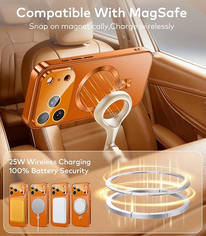 TOBOVON Magnetic for iPhone 17 Pro Max Case with Ring Stand, Fits MagSafe, with Built-in Camera Lens Protector, Slim Electroplated Shockproof Phone Cover, Orange
