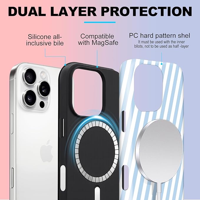 Magnetic for iPhone 15 Pro Case Cute Diagonal Stripes Phone Case, Shockproof Slim TPU and Hard PC Protective Phone Cover Compatible with MagSafe Designed for Women Girls,Blue