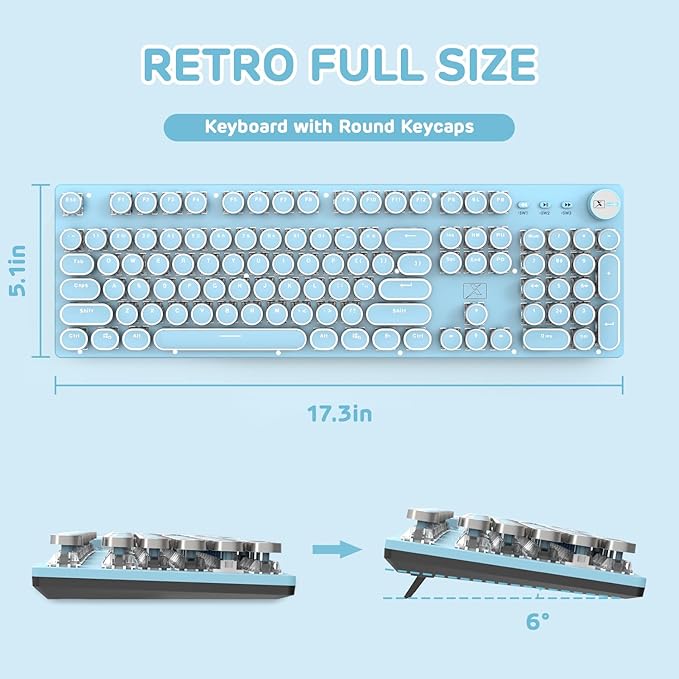 LexonElec Typewriter Style Retro Mechanical Gaming Keyboard, Vintage Steampunk with White LED Backlit, Wired 104-Key Blue Switch Cute Keyboard, Round Keycaps Knob Control for PC/Laptop/Mac (Blue)