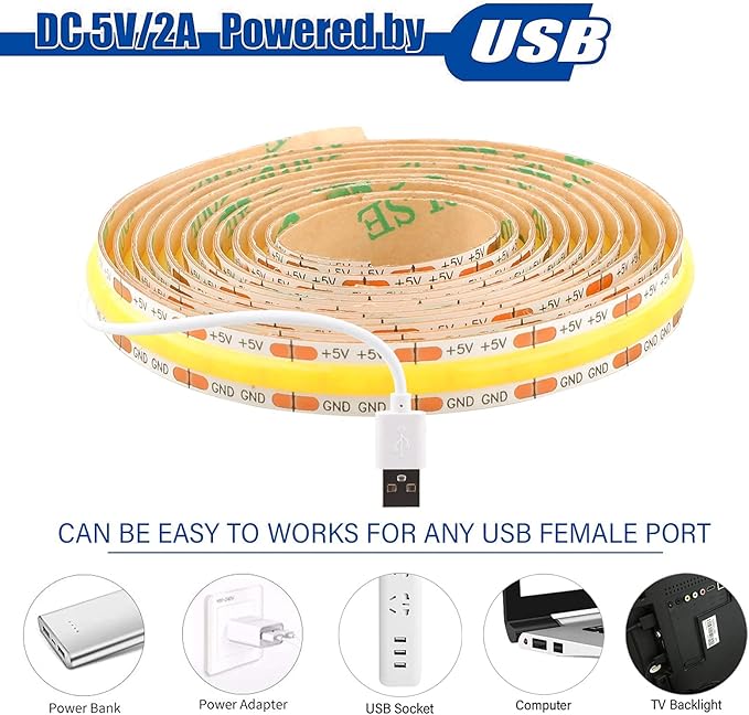 dephen 5V USB LED Light Strip 4.9ft, 480LEDs Warm White Dotless COB String, Flexible and Cuttable Rope Lighting, CRI 90, Self Adhesive Tape for TV Backlight, Cabinet, Bedroom, Mirror, DIY