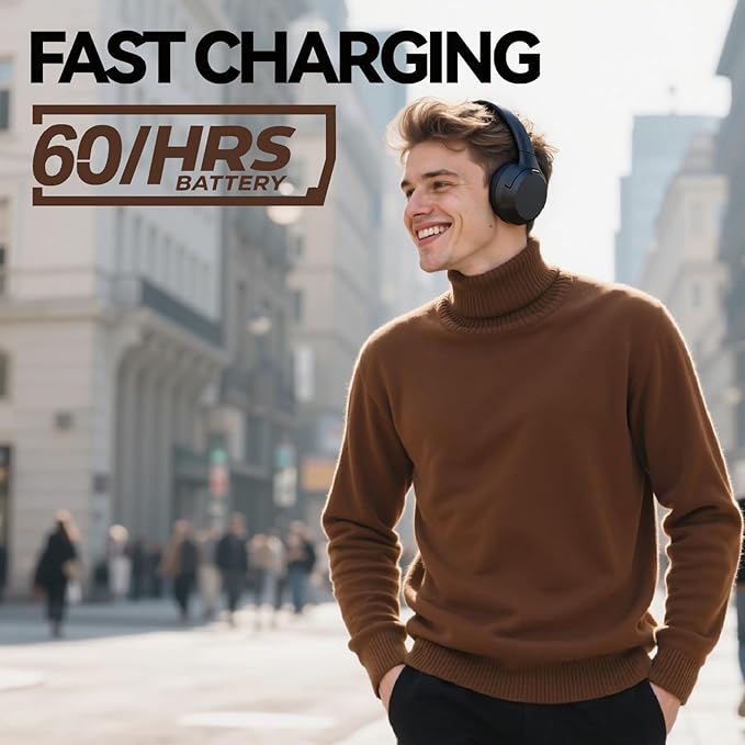 Hybrid Active Noise Cancelling Headphones, Wireless Over Ear Bluetooth Headphones with Mic, 60H Playtime, Hi-Res Audio, Deep Bass, Foldable Comfort Fit Ear Cups for Travel, Office, Home (Black)