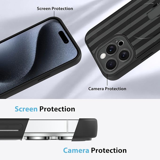 KANGHAR Compatible with iPhone 15 Pro Max Case, Support for MagSafe, Silicone Stripes Cute Pattern, Wristband Kickstand Camera Protection Soft Slim Cover for Girls Women -Black