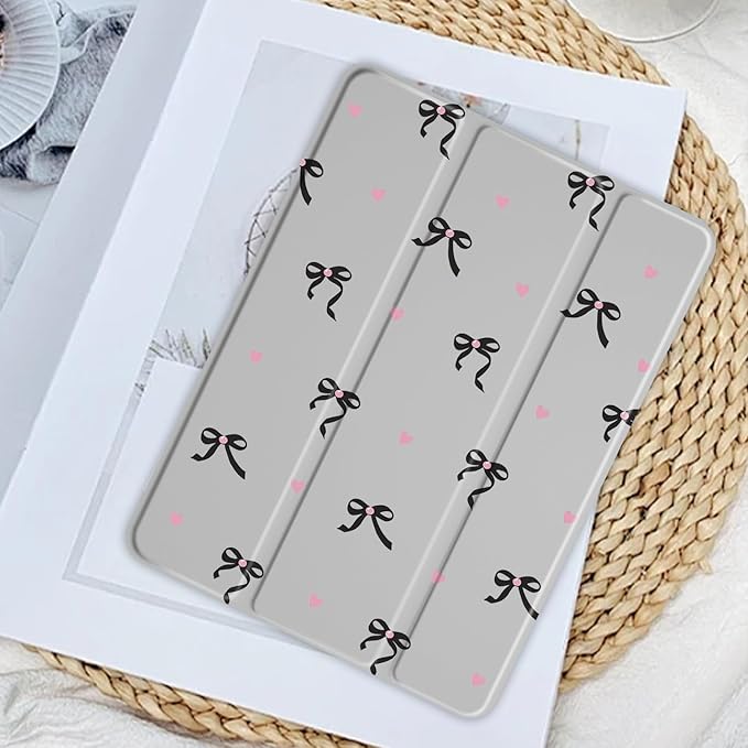 JOYLAND Cute Ribbon Bowknot Case for iPad mini 7th(A17 Pro) 2024 / Mini 6th Generation 8.3" 2021,Clear Transparent Acrylic Hard Back Grey Case with Pencil Holder Trifold Stand Tablet Cover