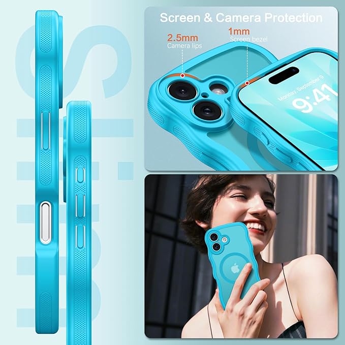 BENTOBEN Magnetic for iPhone 17 Case, Cute Wavy Full Camera Protection [Compatible with MagSafe] Translucent Matte Anti-Slip Bumper Women Girls Boys Protective Cover for 17 6.3", Lake Blue
