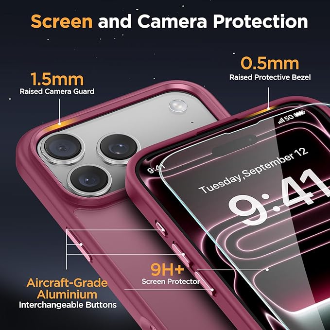 Miracase Magnetic for iPhone 17 Pro Case 6.3" with Screen Protector, [Compatible with MagSafe] Military-Grade Protection, Anti-Fingerprint, Slim Thin Phone Case for 17 Pro Cover, Wine Red