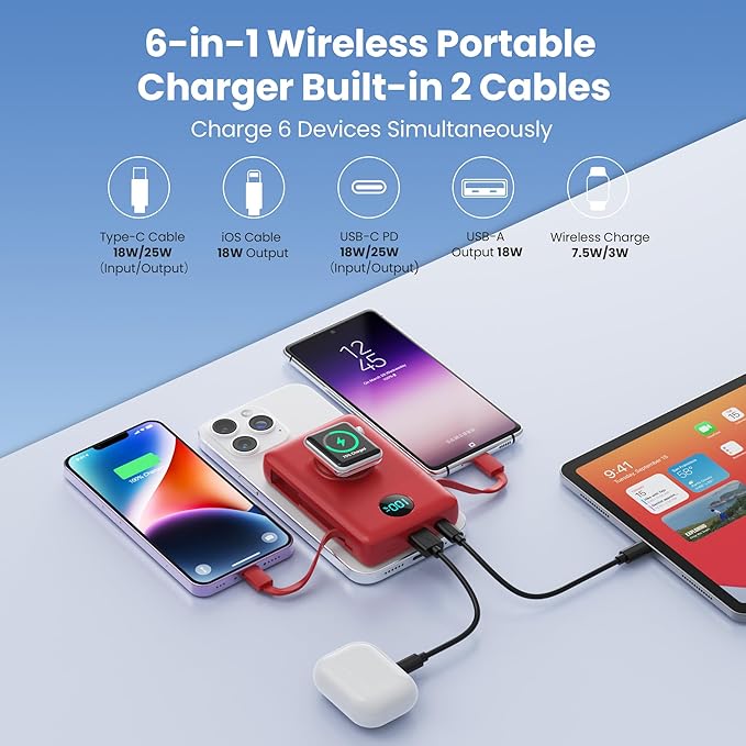 Magnetic Portable Charger for MagSafe with Built-in Cable,iWatch Charger,10800mAh Wireless Power Bank Travel Essentials,25W PD Fast Charging Battery Pack for iPhone 17/16/15/14/13/12,Apple Watch-Red