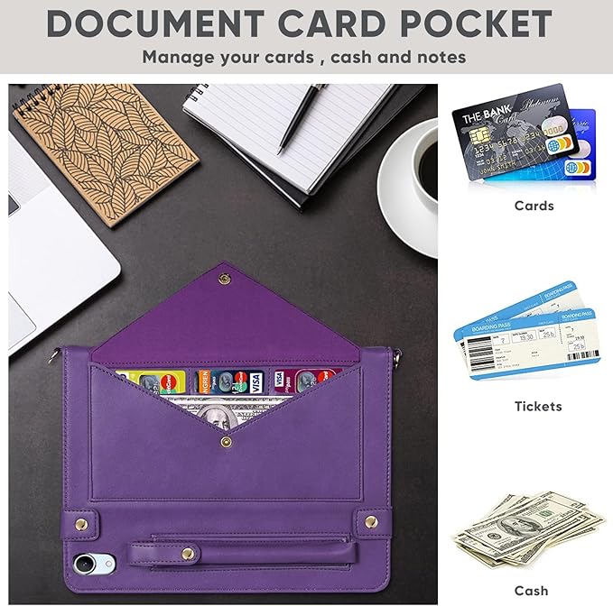 Handbag Case for iPad (A16) 11" 2025 & iPad 10th Gen 10.9", Techcircle Folio Stand PU Leather Crossbody Cover with Pencil Holder+Card Slots Wallet Case w/Shoulder Strap+Hand Strap, Purple