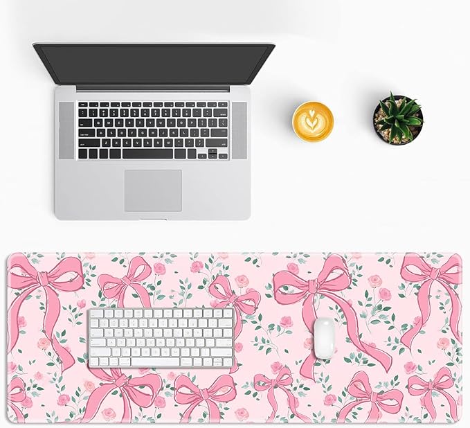 Pink Bow Gaming Mouse Pad Large Desk Mat Extended Keyboard Mouse Pad Anime Mousepad with Non-Slip Base and Stitched Edge Mouse Mat Desk Pad 31.5 x 11.8 Mouse Pads for Desk Home Office Gaming