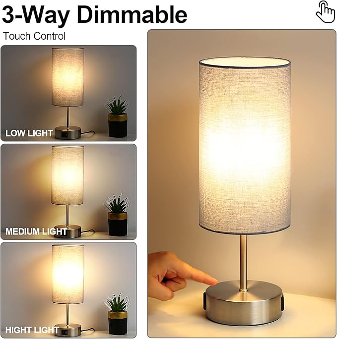 Yarra-Decor 【Upgraded Bedside Lamp with USB A+C Charging Ports & AC Outlet Touch Control Table Lamp for Bedroom 3 Way Dimmable Nightstand Lamp with Grey Shade for Home Office, Dorm(Bulb Included)