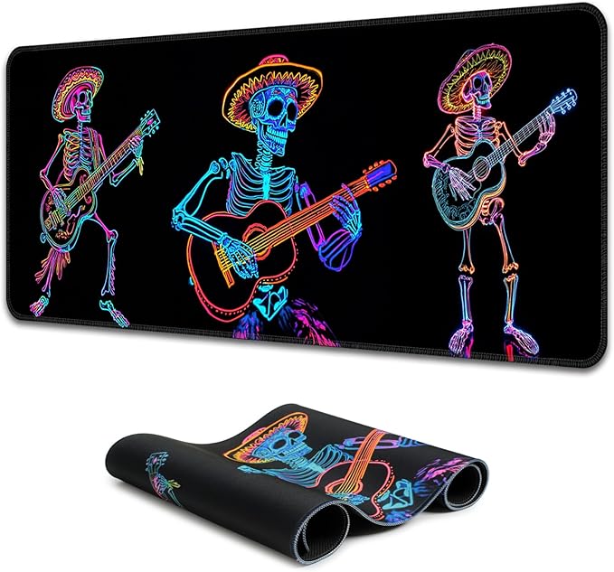 Simpkeely Blacklight Skeleton Playing Guitar Mouse Pad – UV Reactive Neon Art Funny Skull Rock and Roll Gaming Desk Mat, Glow in The Dark Extended Mousepad with Non-Slip Rubber Base – 31.5" x 11.8"