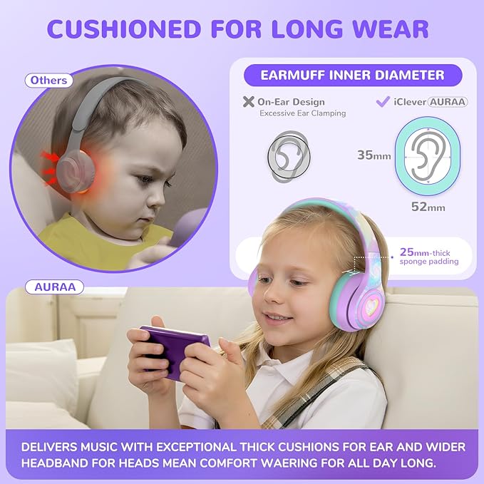 iClever Auraa Active Noise Cancelling Headphones for Kids, LED Light Up, Bluetooth 6.0, Safe Volume 80dBA, 47H Play Time,Fast Charging,Kids Headphones Wireless with Mic AUX Cord for Travel iPad,Purple