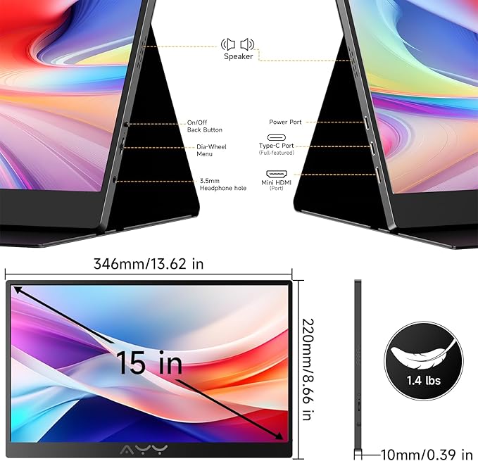 AYY Portable Monitor for Laptop 15 Inch, FHD 1080P USB-C HDMI Travel Monitor External for Computer, Second Display HDR IPS Gaming Monitor Extender for PC MAC Phone PS4/5 Xbox Switch, Built-in Speakers