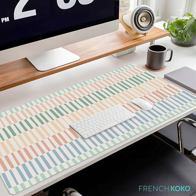 French KOKO Large Desk Mat 36" x 16.5" – Colorful Striped Extended Mouse Pad for Keyboard & Mouse – Non-Slip Waterproof Desk Protector Aesthetic Office Pad for Women & Teens