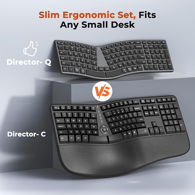 MEETION Ergonomic Keyboard and Mouse Wireless, Split S-Curve Design, 2.4G Wireless & Dual Bluetooth, Slim Low-Profile Rechargeable Full Size Keyboard, 4 DPI Mouse for Windows Mac PC Laptop Computer, Q