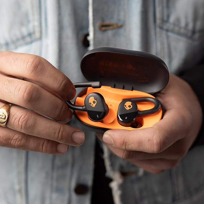 Skullcandy Push Play Active Wireless Earbuds, Bluetooth Headphones, Noise Isolating Fit, 34 Hrs Battery, Secure-Fit Over-Ear Hanger, Sweat Water Resistant, Microphone for iPhone Android - Black/Orange