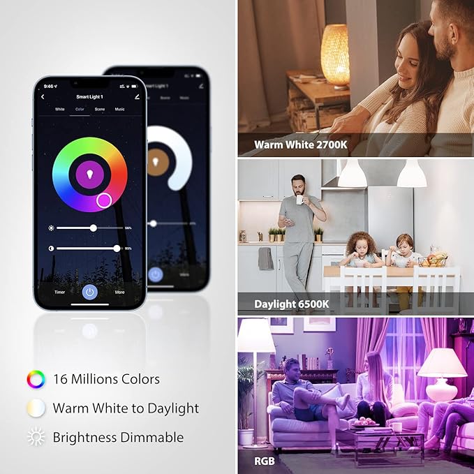 LVWIT Smart Light Bulbs Alexa, BR30 60W Equivalent, E26 Smart LED, Work with Google Assistant, Smart Life App, Tuya App, RGB Color Changing Bulb (8.5W), No Hub Required, 4-Pack