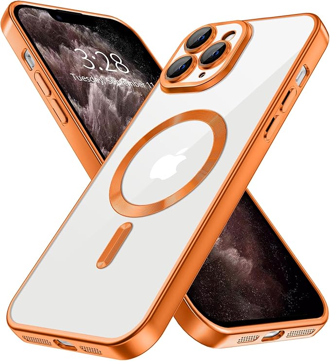 Hython Magnetic Clear for iPhone 11 Pro Max Case with Camera Lens Protector [Compatible with MagSafe] Plating Edge Slim Soft TPU Cover Protective Phone Case for iPhone 11 Pro Max 6.5", Matte Orange