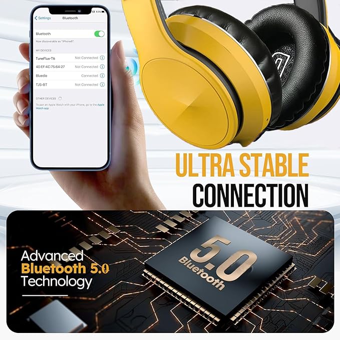 Active Noise Cancelling Headphones, Wireless Over Ear Bluetooth Headphones with Microphone Foldable Headphone with HiFi Audio Deep Bass for Home Travel Office Yellow