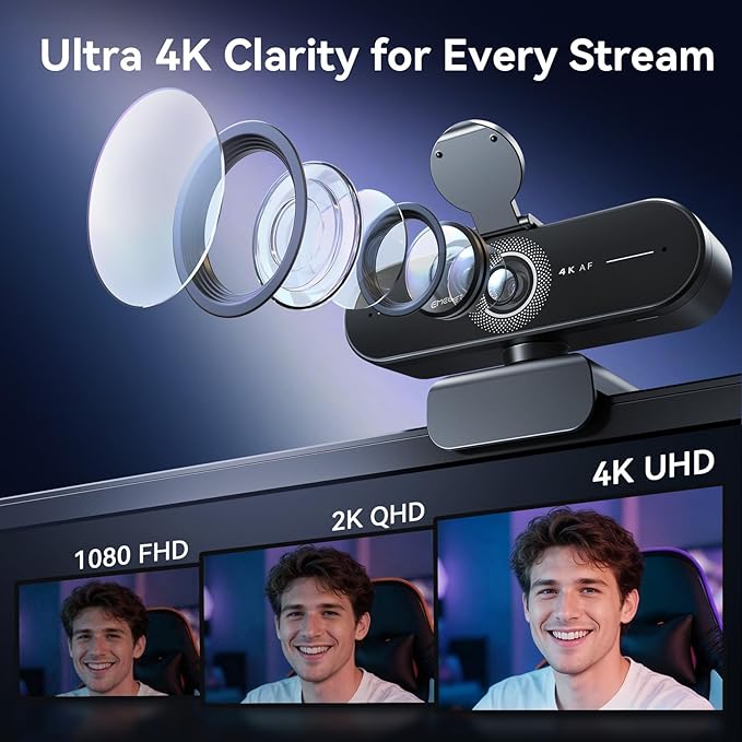 EMEET C60E 4K Webcam with Tripod, Streaming Camera with PDAF Autofocus, Dual Microphones, Auto Light Correction, 73° FOV, Plug & Play USB Webcam for Live Streaming, Gaming & Real-Time Interaction