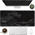 Desk Mat, Black Japanese Sea Wave Desk Pad, Extended Big Computer Keyboard Mouse Pad with Non-Slip Base and Stitched Edge, 35.4"x15.7"