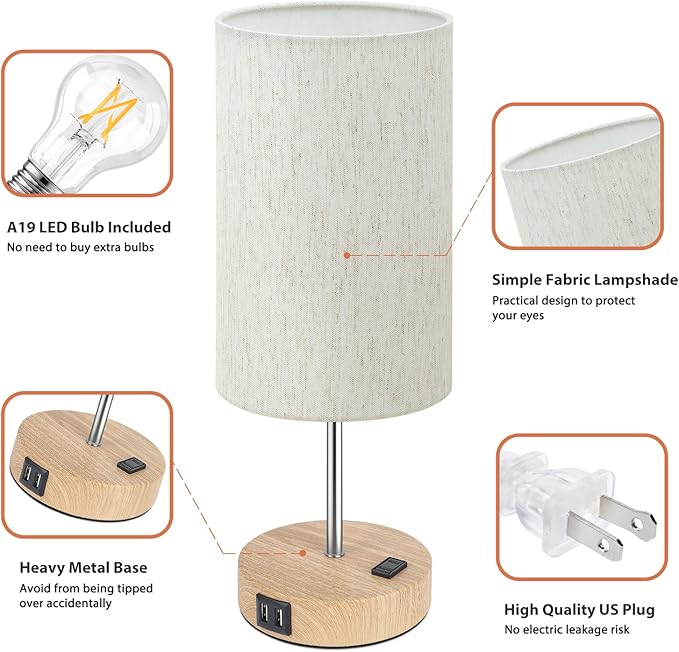Table Lamps Set of 2 Touch Control, 2 USB Charging Ports&AC Outlet, 3-Way Dimmable Bedside Nightstand Lamp with Flaxen Fabric Shade and Wooden Base for Bedroom, 2-Pack A19 LED Bulbs Included