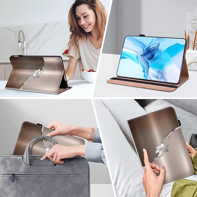 Case for iPad 9th/8th/7th Generation 10.2 Inch (2021/2020/2019), iPad Air 3 2019/ Pro 10.5 2017 Case with Auto Wake/Sleep & Elastic Band, Multi-Angle Viewing Stand Cover - Silver Flower