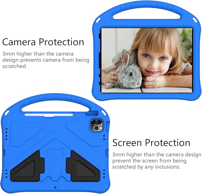 Kids Case for iPad Pro 11" 2022/2021/2020/2018, iPad Air 5th/4th Generation With Pencil Holder, Lightweight Shockproof EVA Foam Handle Stand Anti-Slip Grip Rugged, Blue