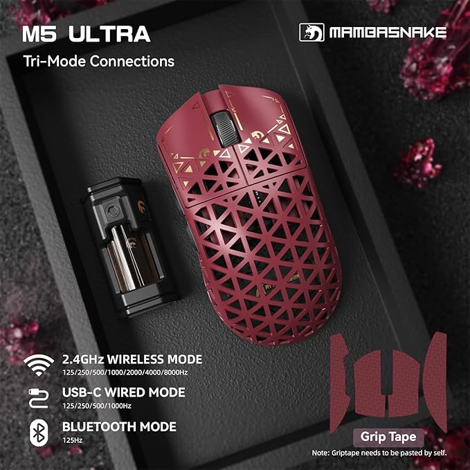 MAMBASNAKE M5 Ultra Carbon Fiber 8KHz Wireless Gaming Mouse,PAW3950MAX Sensor 42K DPI,39g Superlight Tri-Mode 2.4GHz/BT/Wired Computer Mice,Web Driver Support,for Win/Mac/FPS/MOBA/Esports-Red (B)