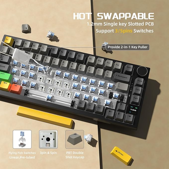 Attack Shark ajazz AK820 Pro 75% Mechanical Keyboard and Coiled Cable Hot Swappable Wireless 2.4GHz/Bluetooth/Wired TFT Screen & Knob Flying Fish Switch RGB Gasket Mount Custom Keyboard-Black