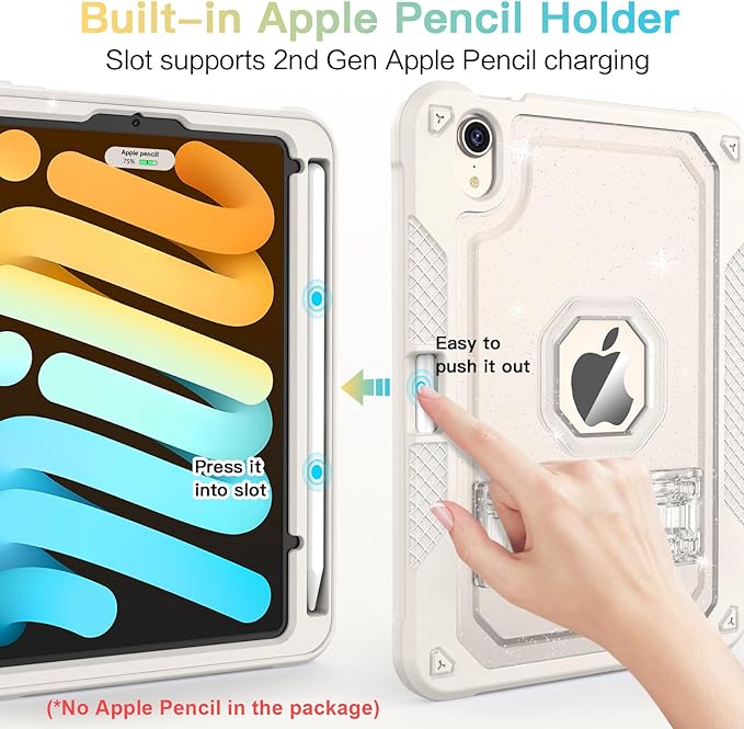 ZoneFoker Case for iPad mini A17 Pro, for iPad mini 7th/6th Generation Case 8.3 inch 2024/2021 with Pencil Holder/Stand, Slim Cover for i Pad Mini 7/6 (Clear Glitter/Starlight)