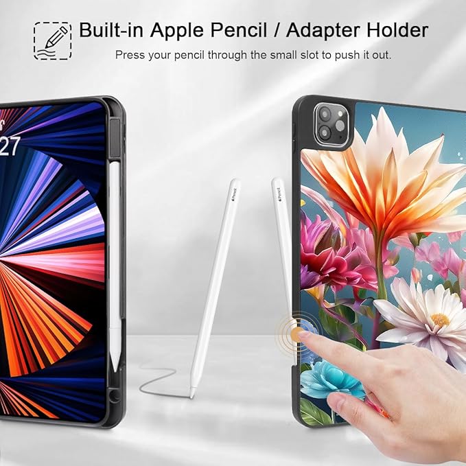 Tuiklo for iPad Pro 12.9 inch 6th / 5th / 4th / 3rd Generation 2022 2021 2020 2018 Release Case- Built in Pencil Holder Slim Protective Cover with Auto Wake/Sleep, Multicolored Floral