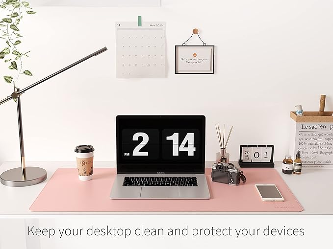 RENMTURE Dual-Sided Mouse Pad, Natural Cork & PU Leather Large Desk Pad for Office and Home Work, Desk Protector Non-Slip, Waterproof, Easy Clean (Pink, 47"x17")