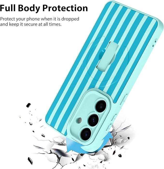 KANGHAR Compatible with Samsung Galaxy S26 Case, Support for MagSafe, Silicone Stripes Cute Pattern, Wristband Kickstand Camera Protection Soft Slim Cover for Girls Women -Blue