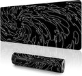 Gaming Mouse Pad L (31.5x11.8in) - Black Abstract Line Art Waves, Dark Japanese Doodle Design - Desk Mat for Gamers