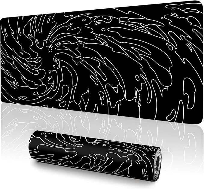 Gaming Mouse Pad L (31.5x11.8in) - Black Abstract Line Art Waves, Dark Japanese Doodle Design - Desk Mat for Gamers