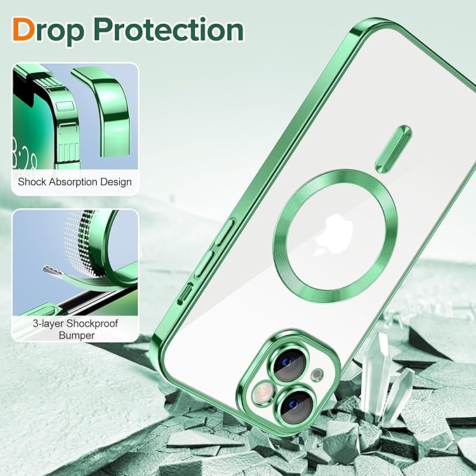 Hython Magnetic Clear for iPhone 14 Case with Camera Lens Protector [Compatible with MagSafe] Luxury Plating Edge Slim Soft TPU Cover Protective Phone Case for iPhone 14 6.1", Light Green