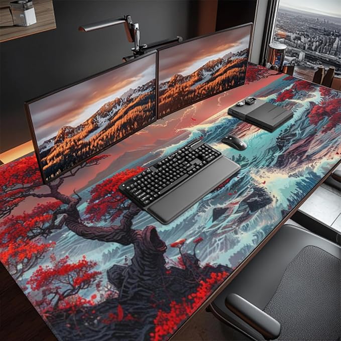 XXXL Japanese Sea Wave Desk Mat 48"x24" - Full Desktop Protector & Non-Slip Gaming Mouse Pad with 3mm Thick Base & Stitched Edge for Dual Monitors, Office & Home