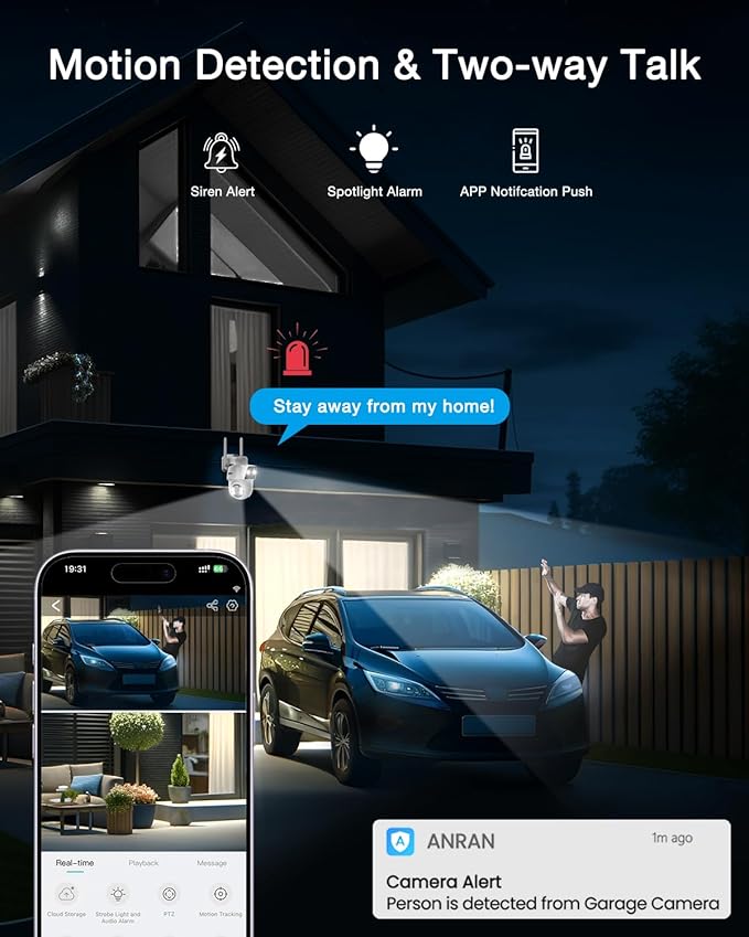 ANRAN Dual-Lens Solar Security Camera, 3MP Wireless Outdoor Camera for Home Security, 100% Wire-Free with Solar Panel, Color Night Vision, Motion Detection, 2.4GHz WiFi, IP66 Weatherproof