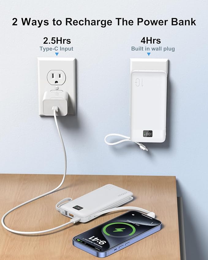 Portable Charger Built-in Cables and AC Wall Plug, 10000mAh 22.5W PD Fast Charging Power Bank, Lightweight Compact Battery Pack Travel Essentials for iPhone 17/16/15/14/13 Series,Samsung,Tablets
